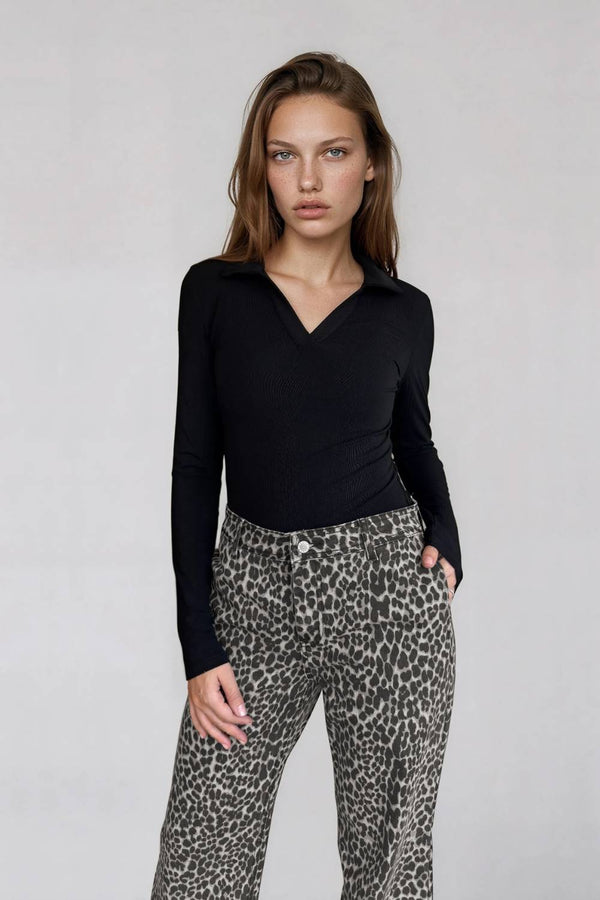 Polera Cuello Polo Manga Larga Negra