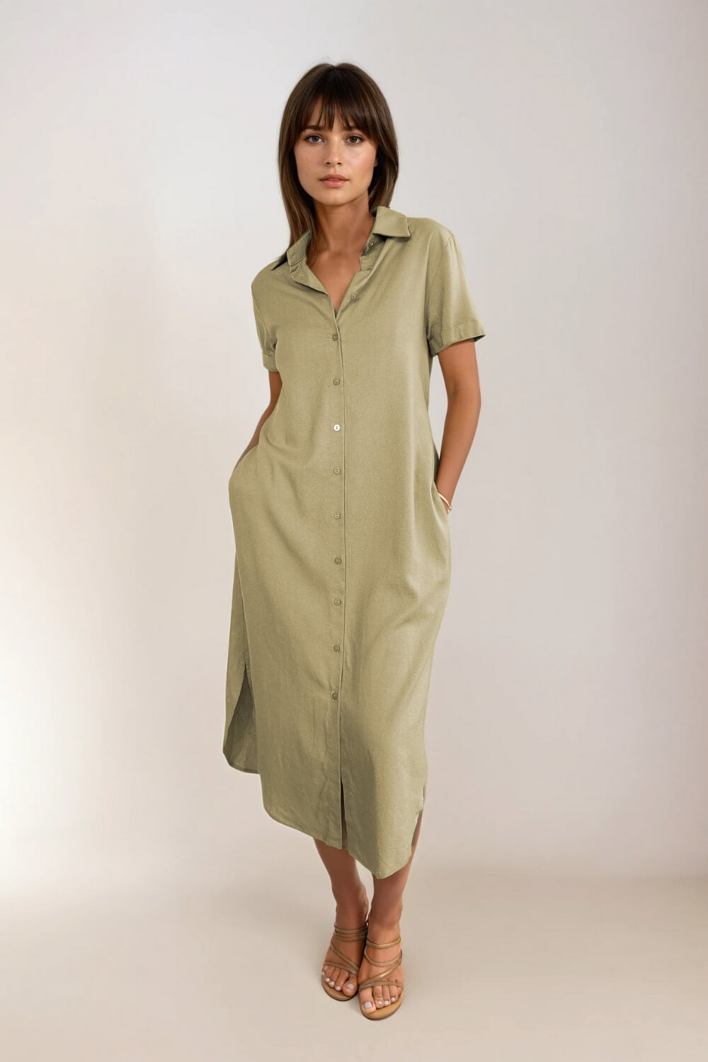 Vestido Camisero Lino Verde Seco
