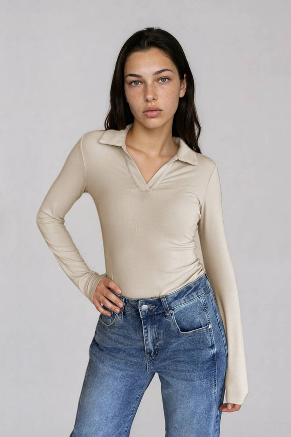 Polera Cuello Polo Manga Larga Beige