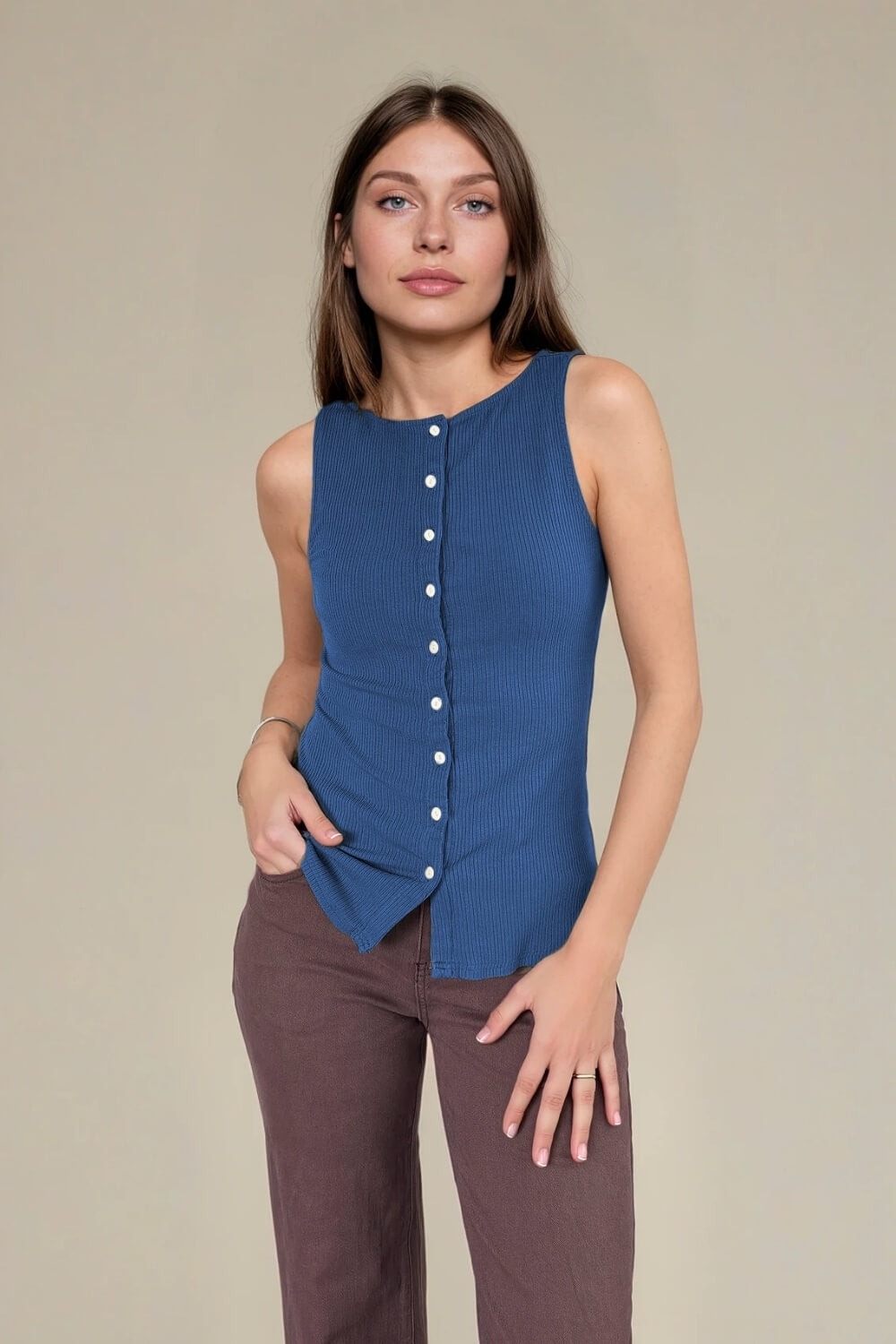Top Abotonado Rib Azul