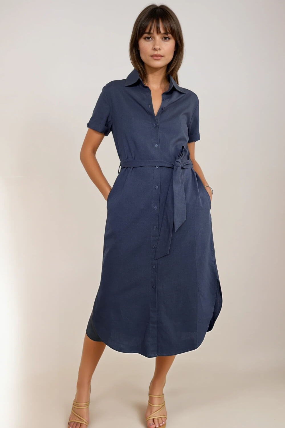 Vestido Camisero Lino Azul Marino
